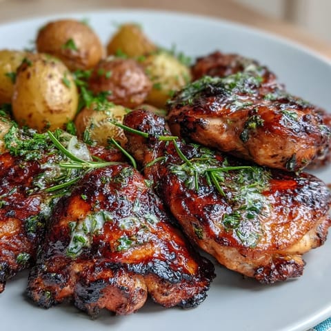 Golden roasted chicken infused with lemon and herbs, surrounded by crispy baby potatoes in a rustic cast-iron pan.