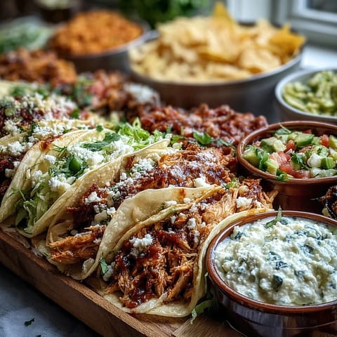 A vibrant Cinco de Mayo taco bar spread with grilled chicken, seasoned beef, and fresh toppings for DIY tacos.