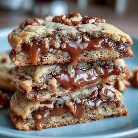 Close-up of warm Butter Pecan Cookies boasting a tempting caramel swirl.