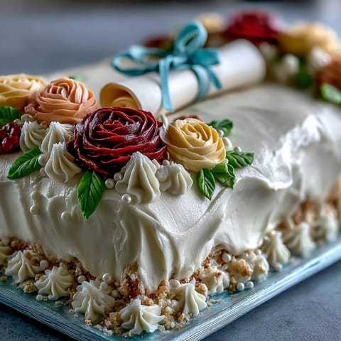 Graduation sheet cake with buttercream roses and diploma, a festive dessert for celebrating achievements.