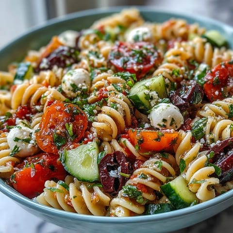 A colorful summer pasta salad bursting with cherry tomatoes, cucumber, and mozzarella in zesty Italian dressing.