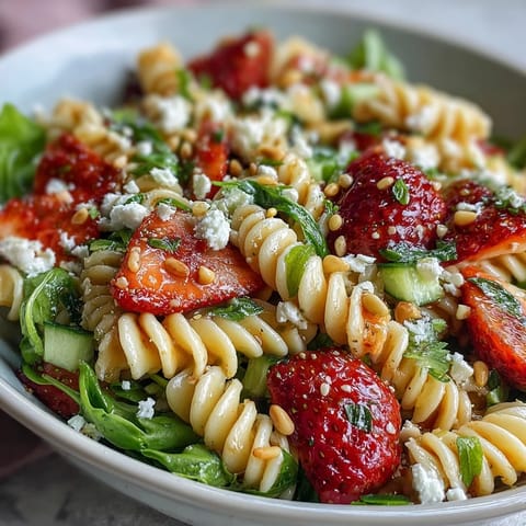 Spring Pasta Salad with Strawberries, Feta, and Arugula, a vibrant dish bursting with sweet fruit and tangy cheese.