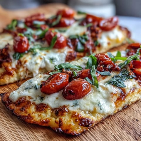 Golden cottage cheese flatbread pizza with melted mozzarella, fresh basil, and cherry tomatoes on a high-protein base.