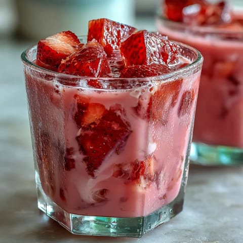 Refreshing Pink Starburst Refresher with vibrant strawberry acai, coconut milk, and fresh strawberry slices in a tall glass.