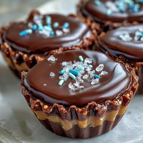 Peanut butter eggs with pretzel crust and chocolate topping in a muffin tin, ready to be chilled for Easter treats.