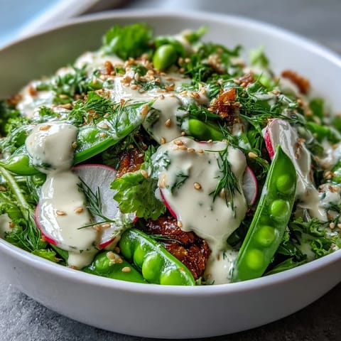 Crisp snap pea and radish salad with fresh herbs and creamy tahini dressing, a colorful and refreshing spring dish.