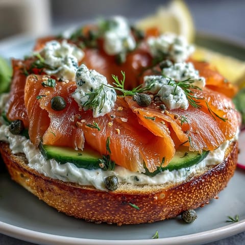 A vibrant Mother's Day brunch board with smoked salmon, toasted bagels, and fresh toppings arranged for sharing.