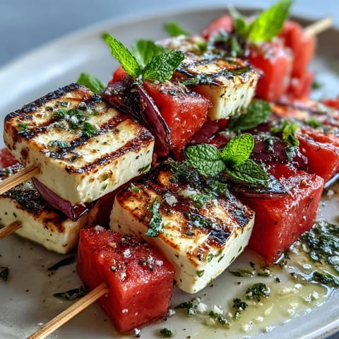 These colorful skewers feature savory grilled halloumi paired with sweet watermelon and fresh mint leaves.