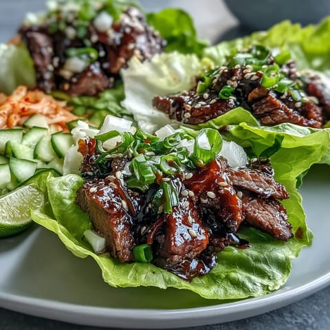 Juicy Korean BBQ Beef Lettuce Wraps with vibrant kimchi, ready to be enjoyed!