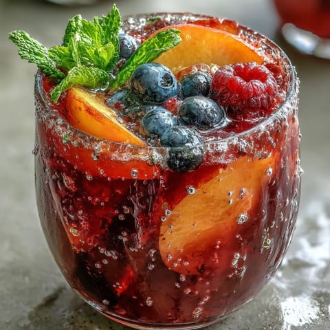 Refreshing peach and berry mocktail in a glass, perfect for hot weather.