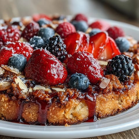 Rustic Summer Berry Galette with golden flaky almond crust cooling.