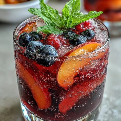 Vibrant summer sangria mocktail with floating peach slices and berries.