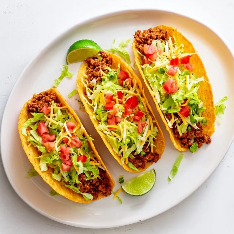 Close-up of juicy Beef Tacos featuring melted cheddar, fresh tomato, and lime wedges for squeezing.