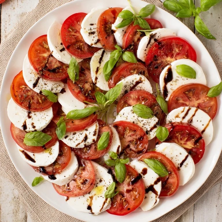 Overhead view of Caprese Salad on a platter, featuring alternating tomato and mozzarella, drizzled with olive oil and a sweet balsamic glaze.