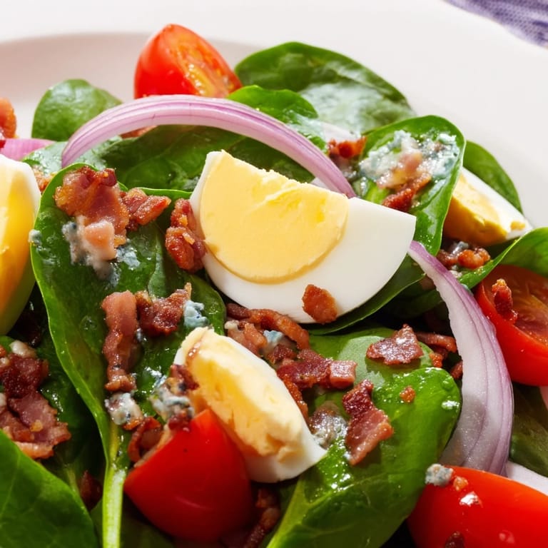 Healthy Spinach Salad with Bacon topped with thinly sliced red onion, cherry tomatoes, and chopped boiled eggs, tossed in a shiny red wine vinaigrette.
