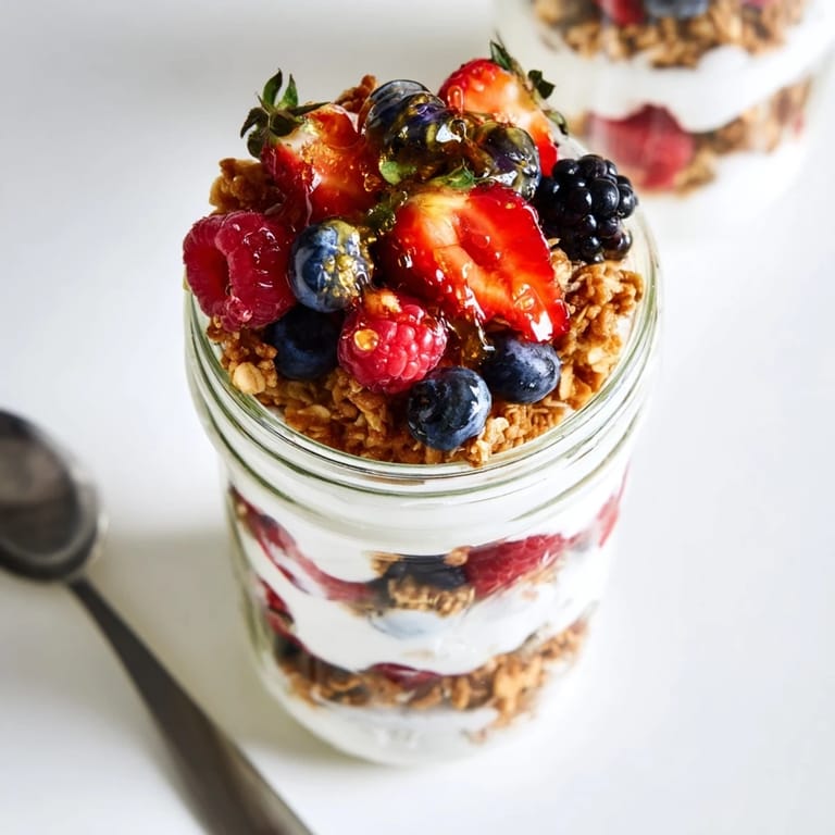 Artfully styled Berry Parfait with layered granola and juicy strawberries, ready to serve as a refreshing dessert.