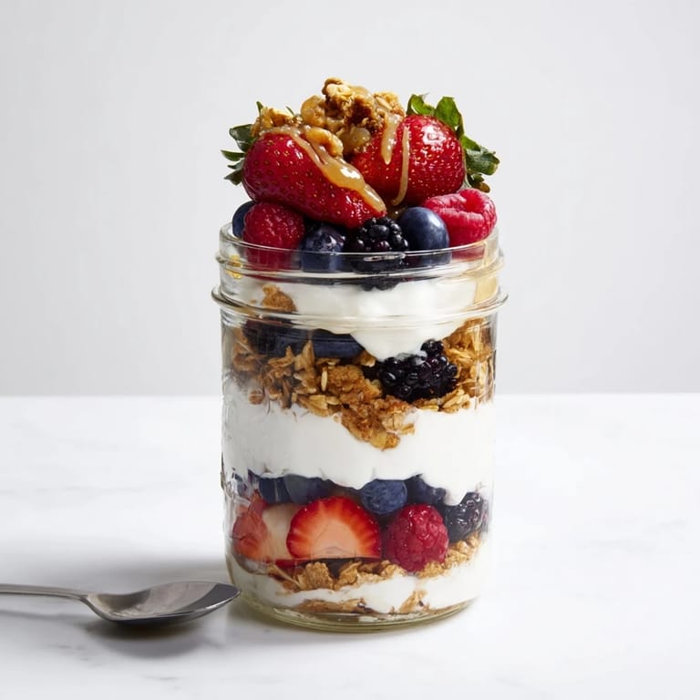 A close-up of a Berry Parfait topped with honey drizzle and fresh raspberries, ideal for a healthy breakfast.