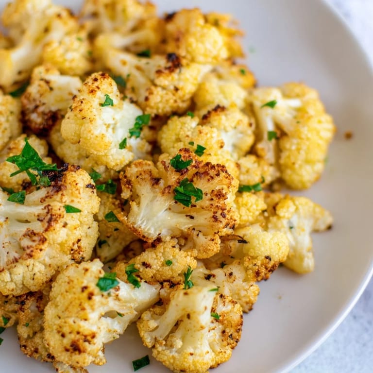 Healthy Roasted Cauliflower tossed in olive oil and spices, ready to eat as a low-carb snack or side.