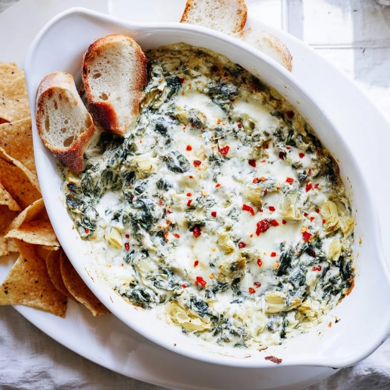 Cheesy Spinach Artichoke Dip with golden crust, bubbling in a ceramic dish, ready to scoop.