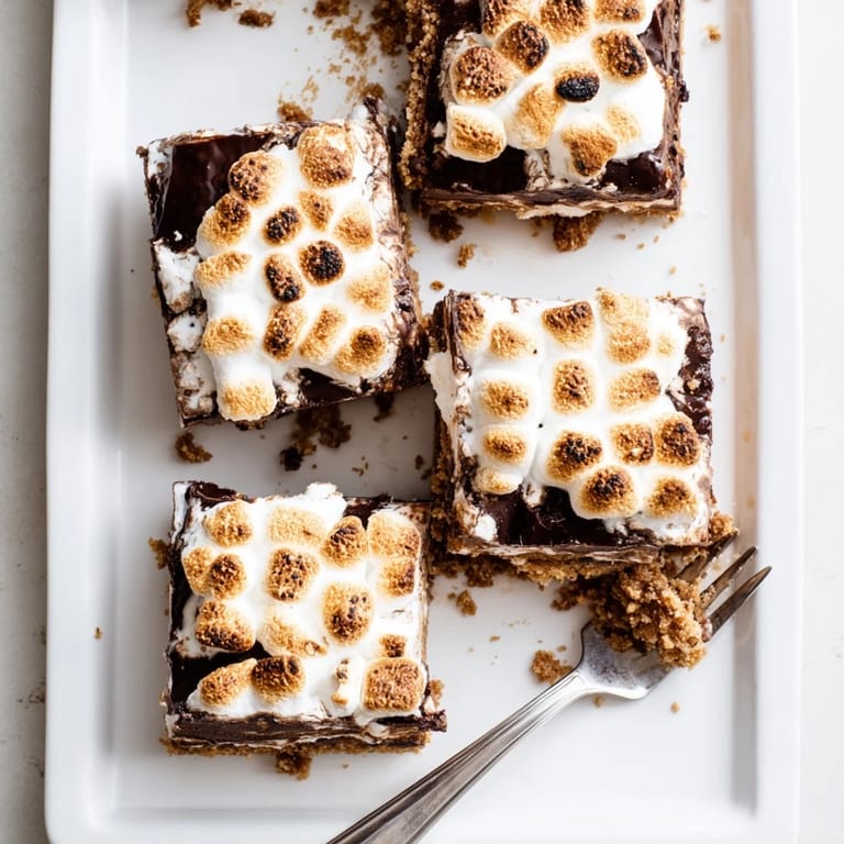 Homemade S'mores Bars with a golden-brown marshmallow topping and chocolate layer, baked in a parchment-lined pan for easy lifting.