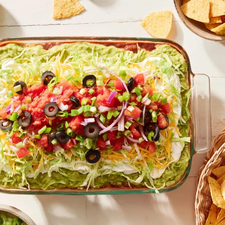 Homemade seven layer dip featuring guacamole, sour cream, refried beans, and chunky salsa.