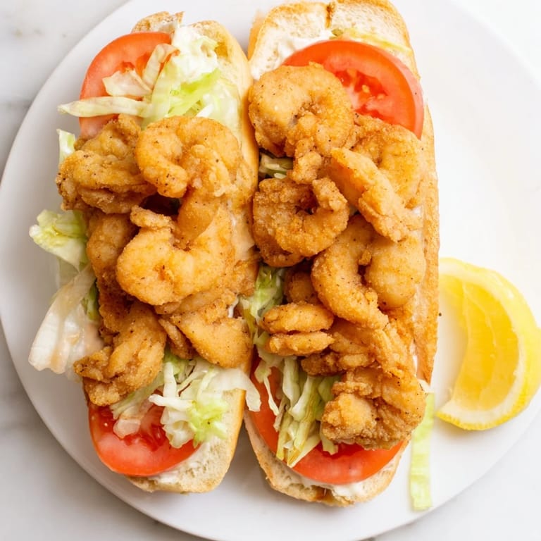 Crispy Cajun shrimp po boy sandwich served on a soft bun with fresh lemon wedges on the side.