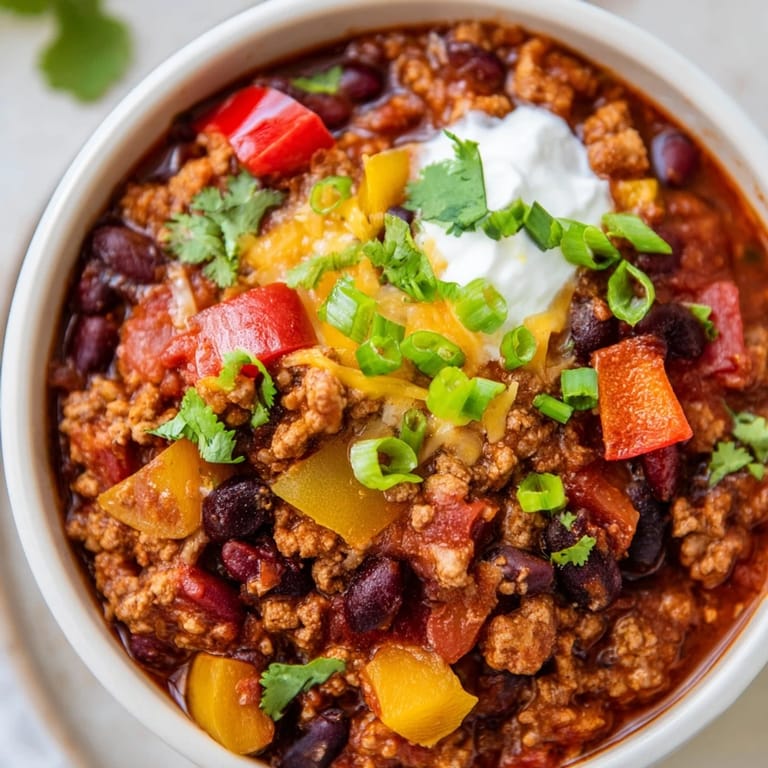 Family-style pot of turkey chili ready to serve, perfect for a cozy dinner with various toppings.