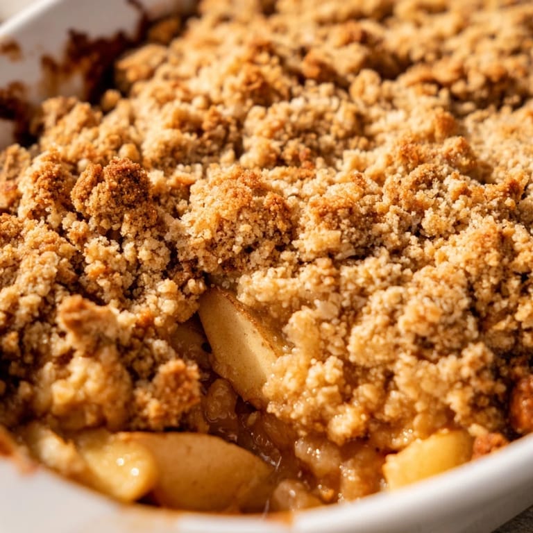 Homemade Apple Crumble cooling on a wire rack, revealing spiced apple filling beneath buttery oat crumble.