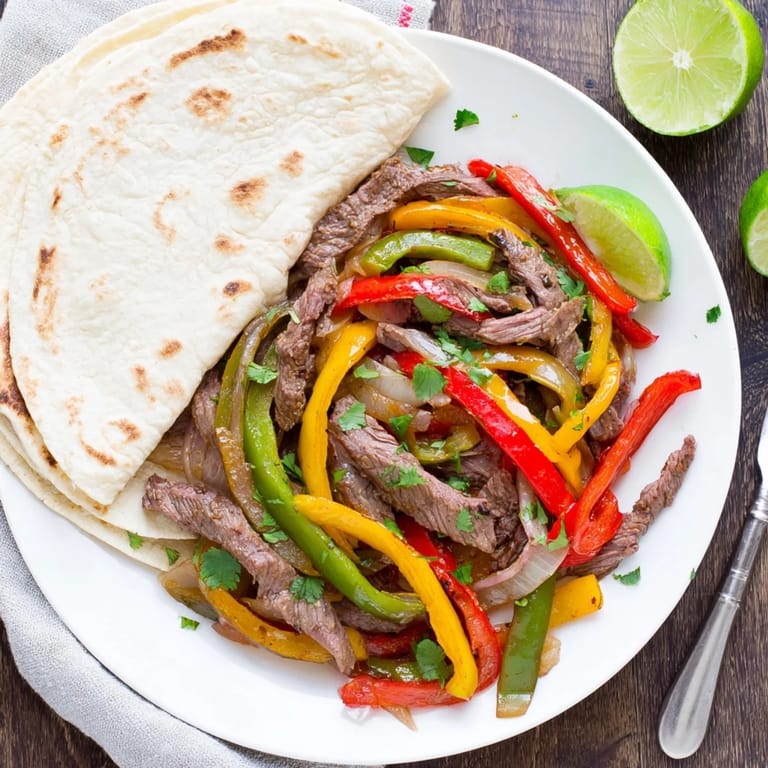 Freshly made Steak Fajitas topped with avocado and cilantro, served with lime wedges and salsa.