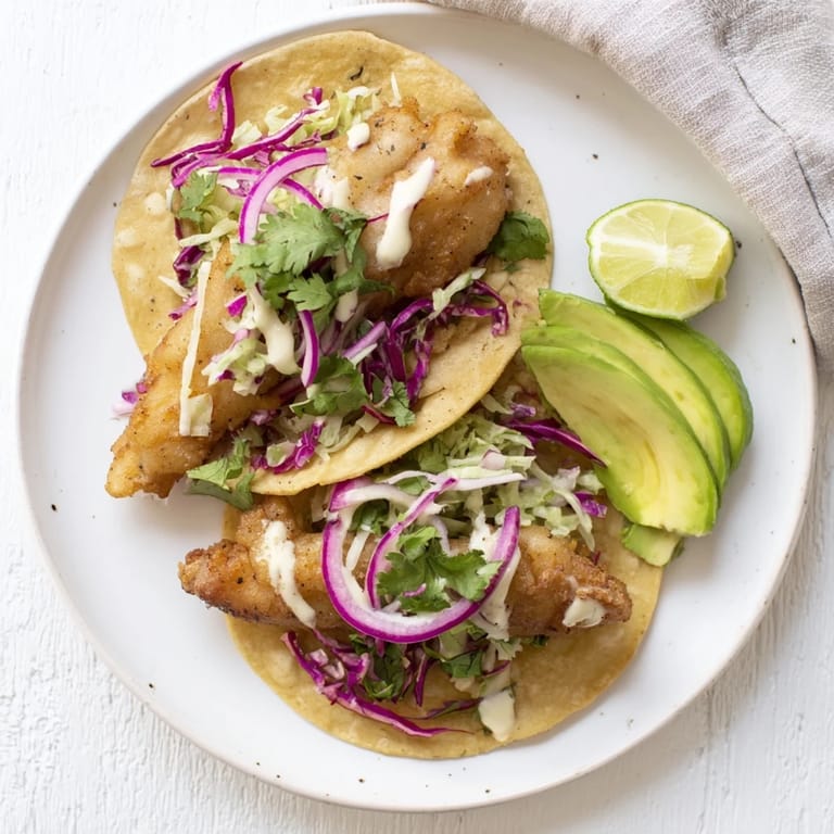 Freshly assembled Baja Fish Tacos on a plate with lime wedges, shredded cabbage, and avocado slices ready for a weeknight meal.