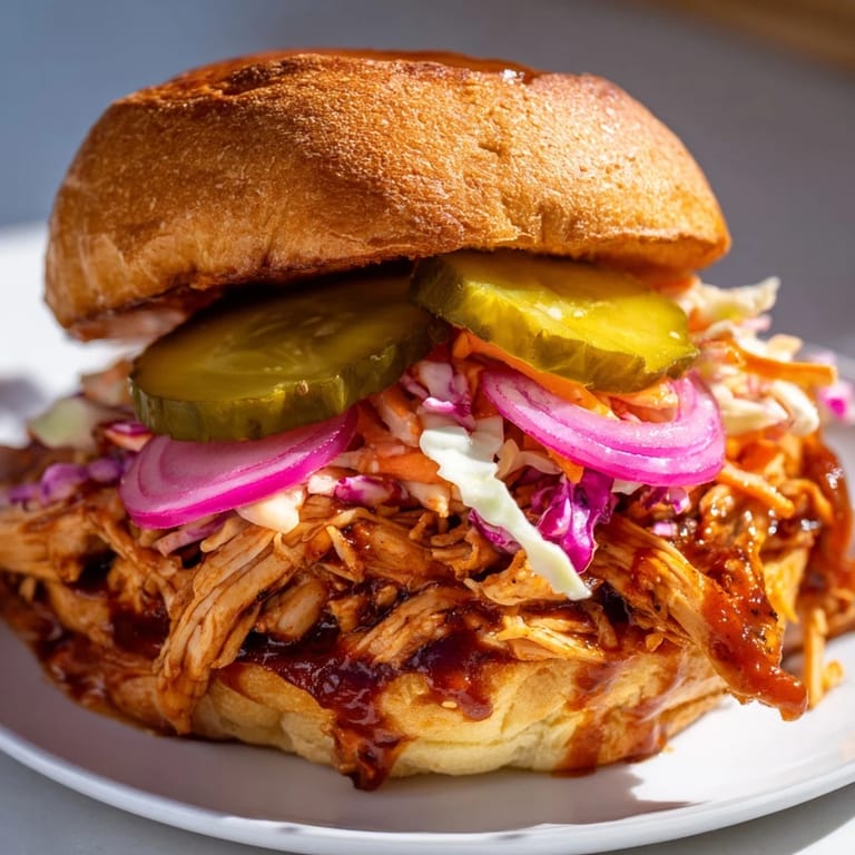Homemade BBQ Chicken Sandwich on a buttery brioche bun with red onion and fresh lettuce.