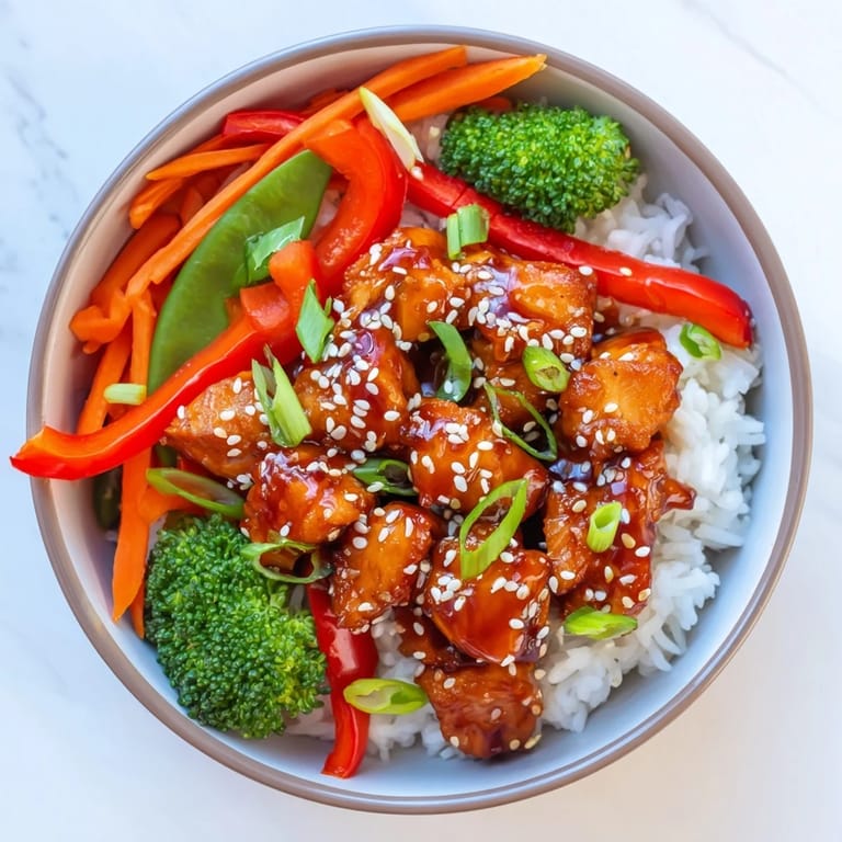 Steam rises from a freshly plated Teriyaki Chicken Bowl, showcasing tender glazed chicken and colorful vegetable toppings.