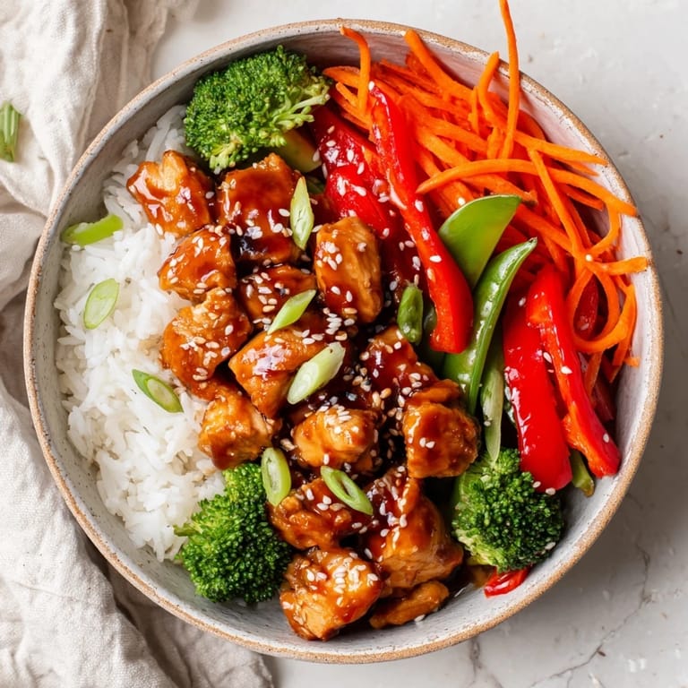A close look at a hearty Teriyaki Chicken Bowl, garnished with green onions and paired with chopsticks.