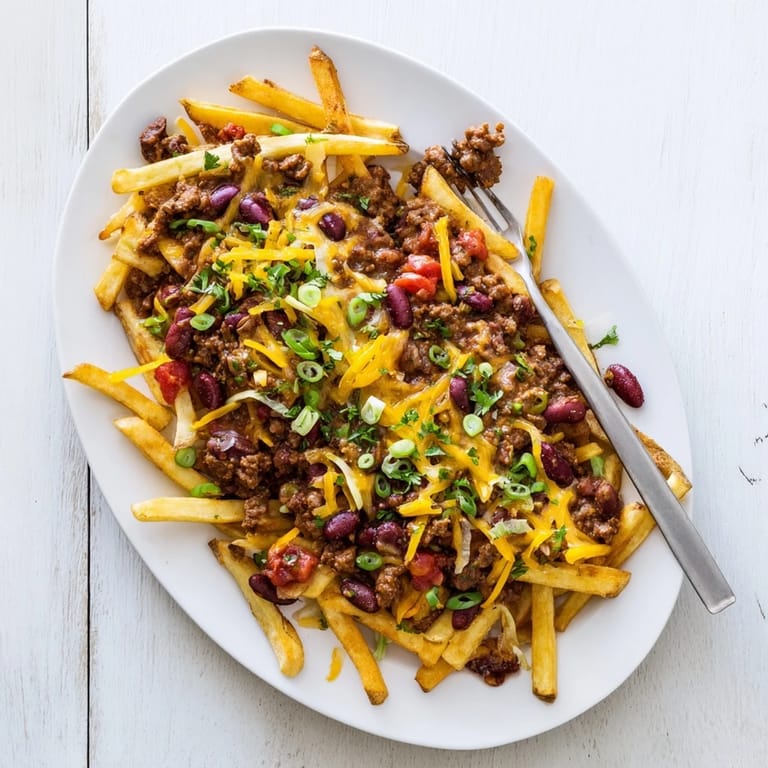 Golden baked fries topped with hearty kidney beans and spicy ground beef chili, finished with fresh scallions.