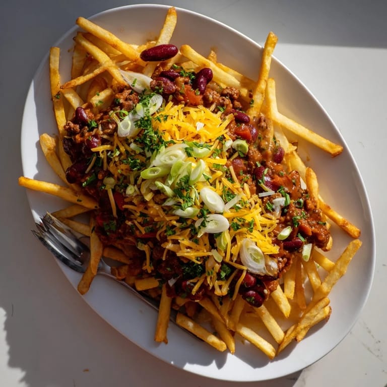 Cheesy chili fries served hot and bubbly, garnished with cilantro and a dollop of sour cream.