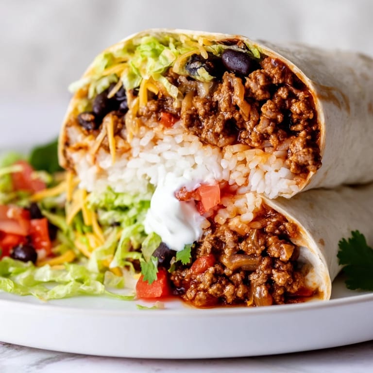 A freshly made Beef Burrito sliced in half to reveal layers of seasoned beef, rice, black beans, and melted cheese.
