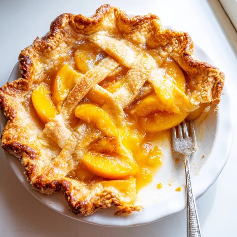 Close-up of baked Peach Pie showing juicy peach slices, cinnamon spice, and a crimped edge under a lattice crust.