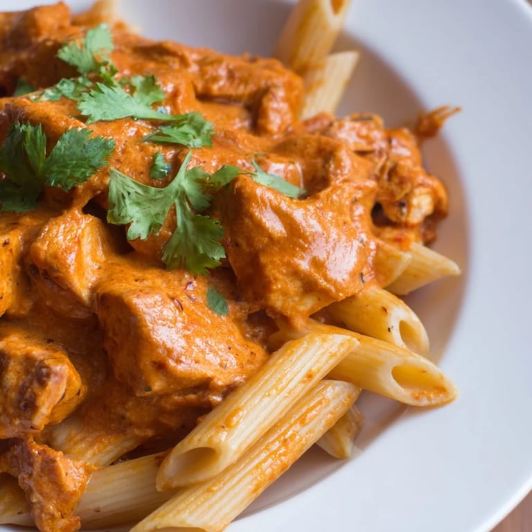Golden-brown chicken tikka chunks tossed in creamy Chicken Tikka Pasta, served hot alongside a crisp green salad and garlic naan.