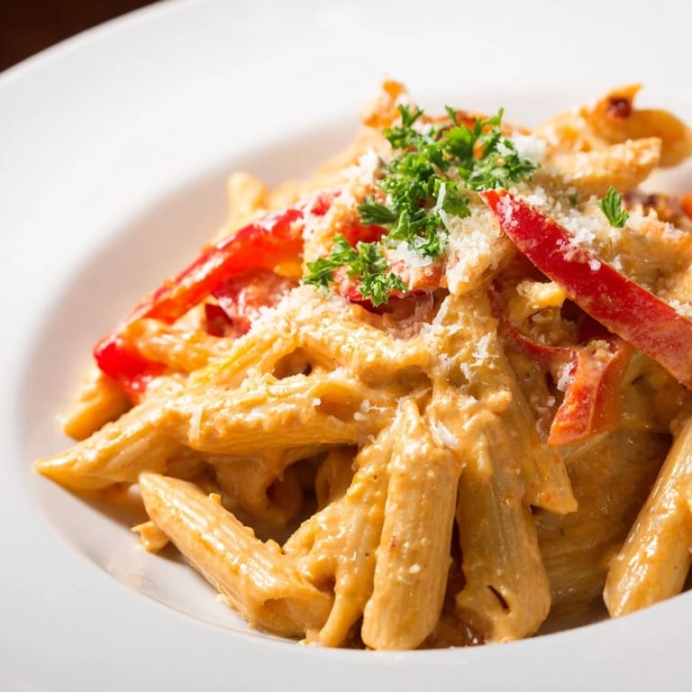 A skillet of creamy Cajun pasta topped with grated Parmesan, served alongside a crisp green salad.  