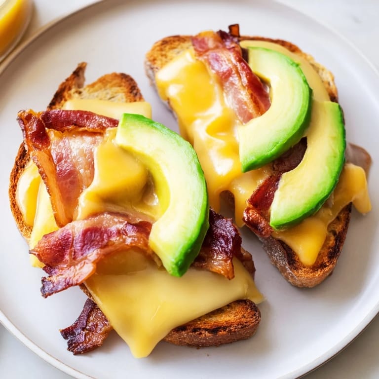 A close-up view of a halved Avocado BLT Grilled Cheese showing gooey cheese stretch, vibrant greens and reds on a rustic plate.