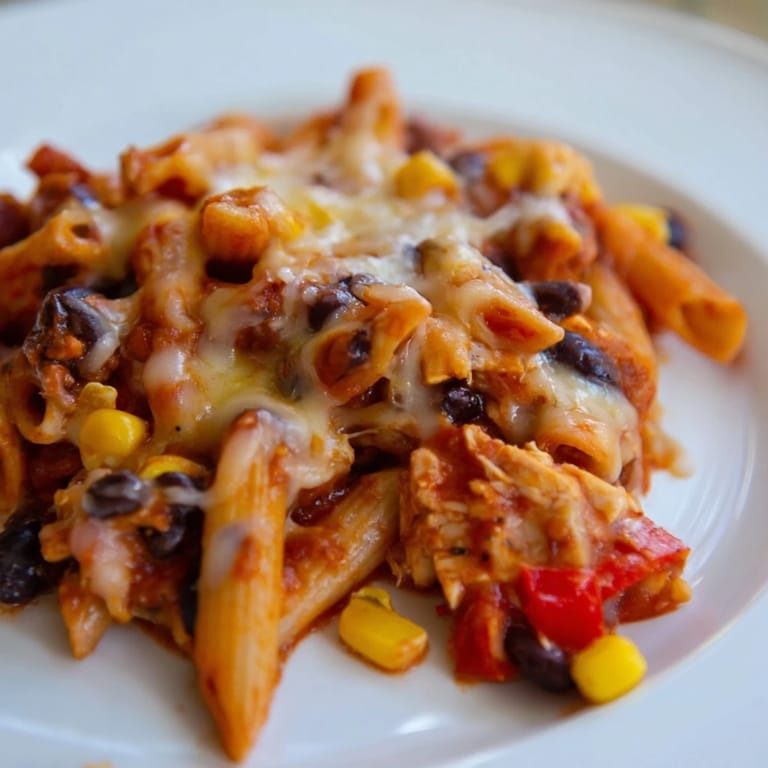 A skillet of bubbling Chicken Enchilada Pasta is garnished with fresh cilantro and avocado, perfect for a cozy family dinner.  
