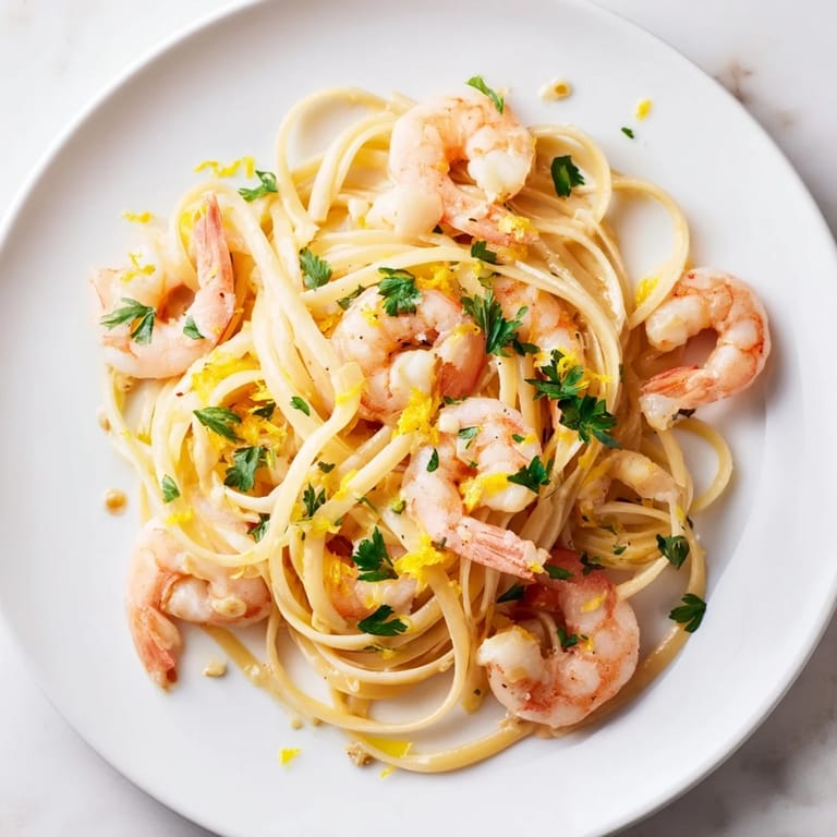Garlic Butter Shrimp Linguine served warm, featuring plump pink shrimp and al dente pasta tossed in a glossy butter sauce.