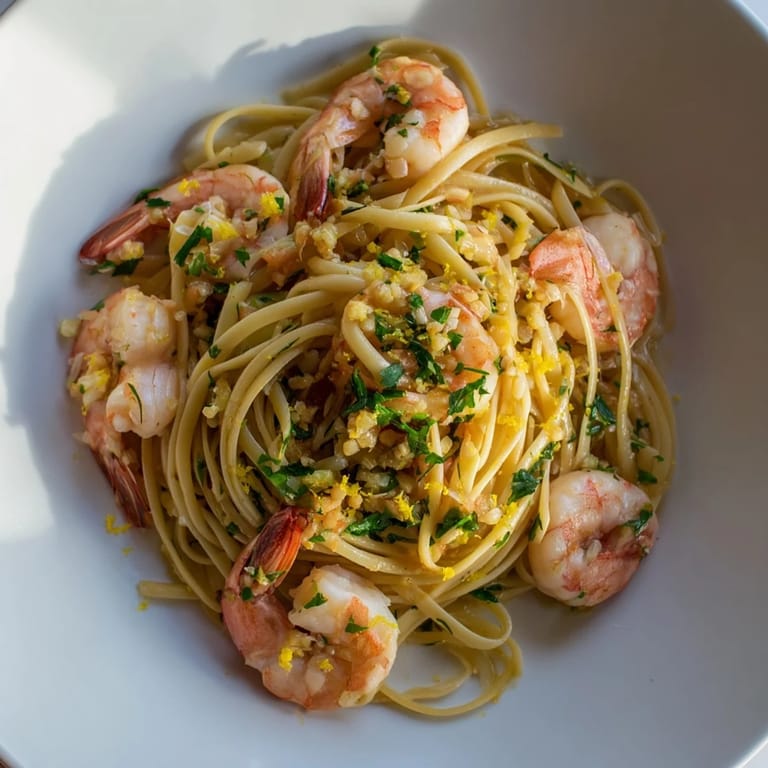 A close-up of Garlic Butter Shrimp Linguine topped with grated Parmesan and fresh parsley, ready to serve on a dinner table.