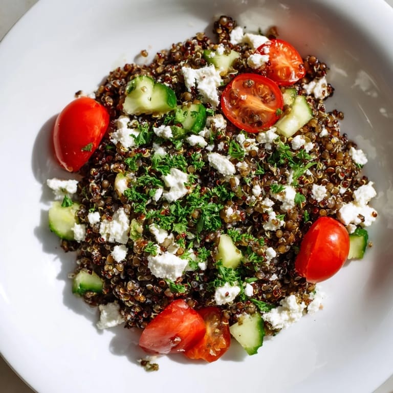 This Greek Power Salad features chickpeas, quinoa, and lentils with Kalamata olives, cucumbers, and feta cheese.