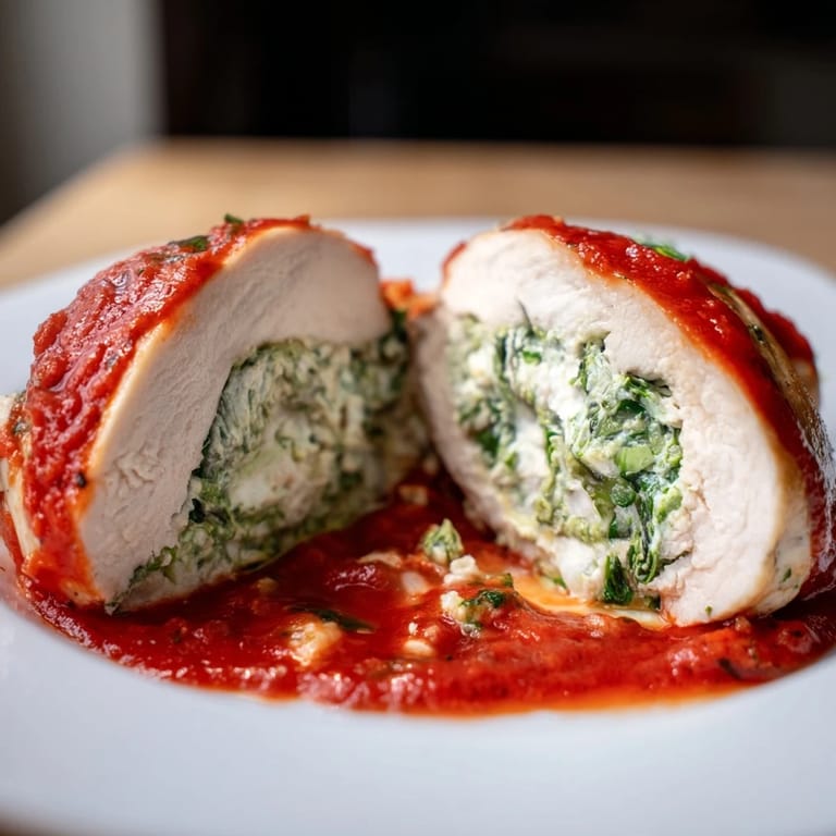 A close-up of golden-brown Spinach Ricotta Stuffed Chicken, bubbling with tomato sauce and finished with fresh basil for a vibrant meal.