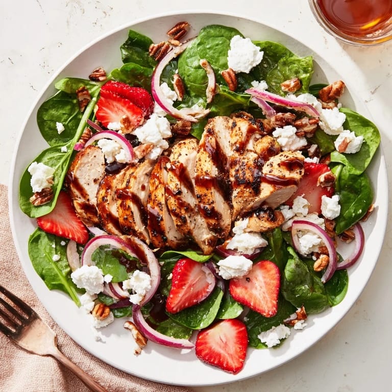 A close-up of Honey Balsamic Chicken Salad reveals colorful ingredients, from sliced strawberries to crumbled goat cheese, perfect for a light and refreshing lunch.