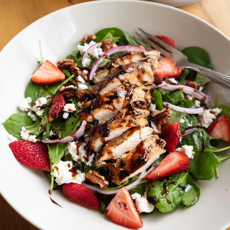 Serving suggestion for Honey Balsamic Chicken Salad, featuring tender grilled chicken on a bed of mixed greens with a sweet, tangy honey balsamic glaze.