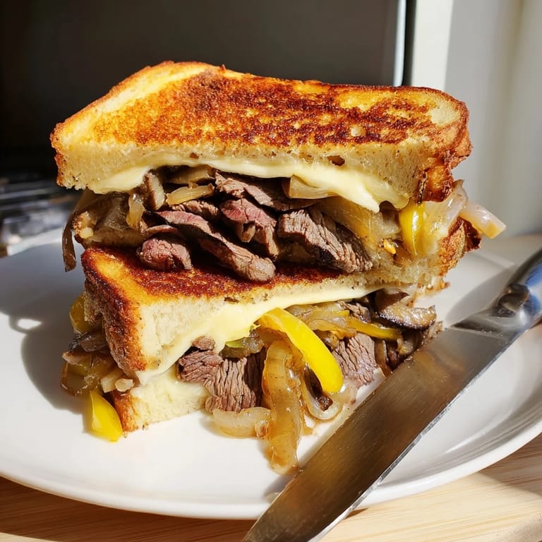 A close-up of a Philly Cheesesteak Grilled Cheese, golden crust oozing provolone over steak and veggie filling.