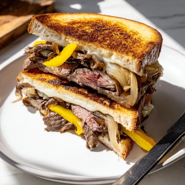 Philly Cheesesteak Grilled Cheese with melty provolone and caramelized peppers on toasted bread, served beside crisp fries.  