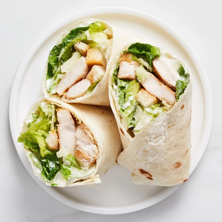 Handheld Caesar Chicken Salad Wrap on a plate with a side salad, perfect for lunch or a quick, satisfying meal.